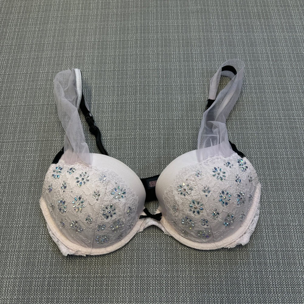 Victoras Secret Dream Angels Push-Up‎ Bra 36C Pink Lace Rhinestone Tulle Straps